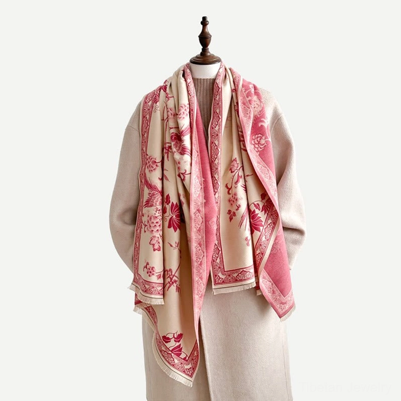 Tibetan scarf draping demonstration on model showing versatility and elegance