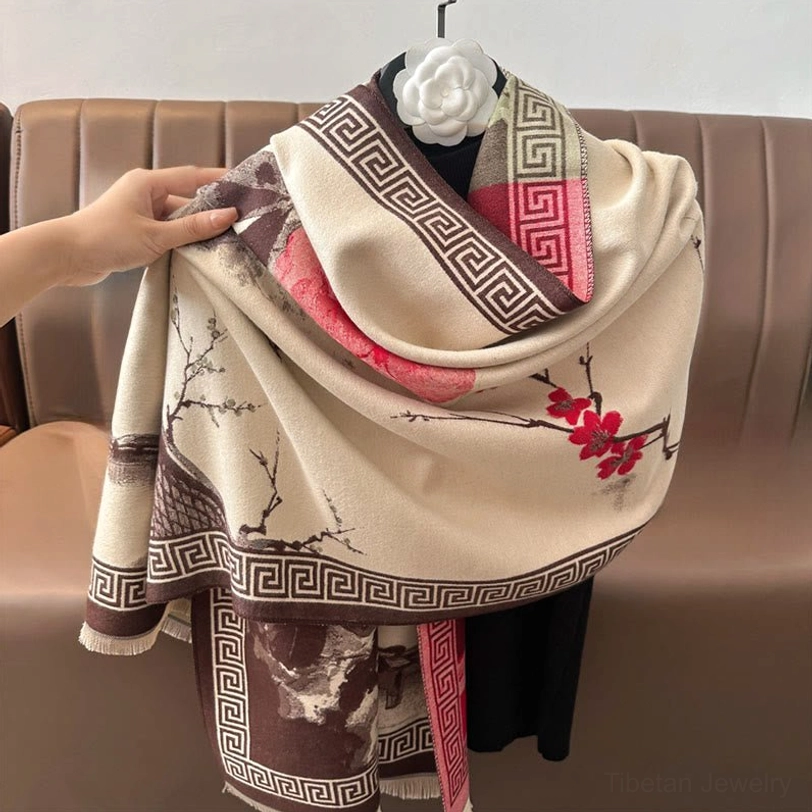 Tibetan scarf styled as elegant evening wrap, showing versatility and draping quality of premium handwoven fabric