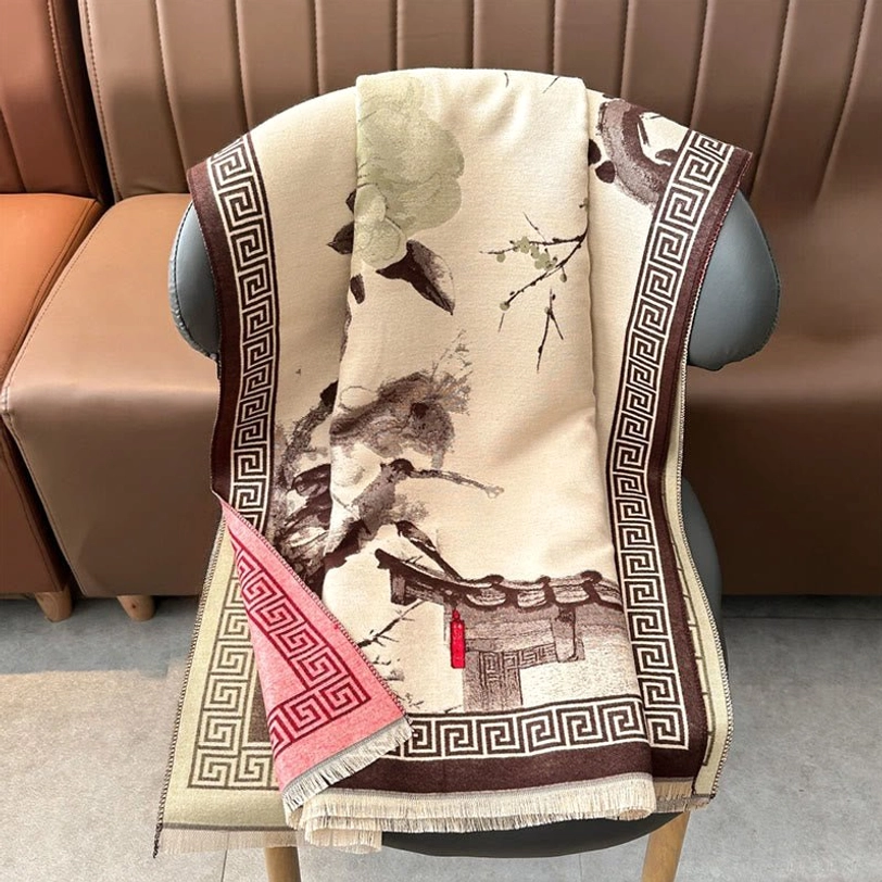 Tibetan scarf folded display showing full dimensions and color richness of handcrafted ink painting design