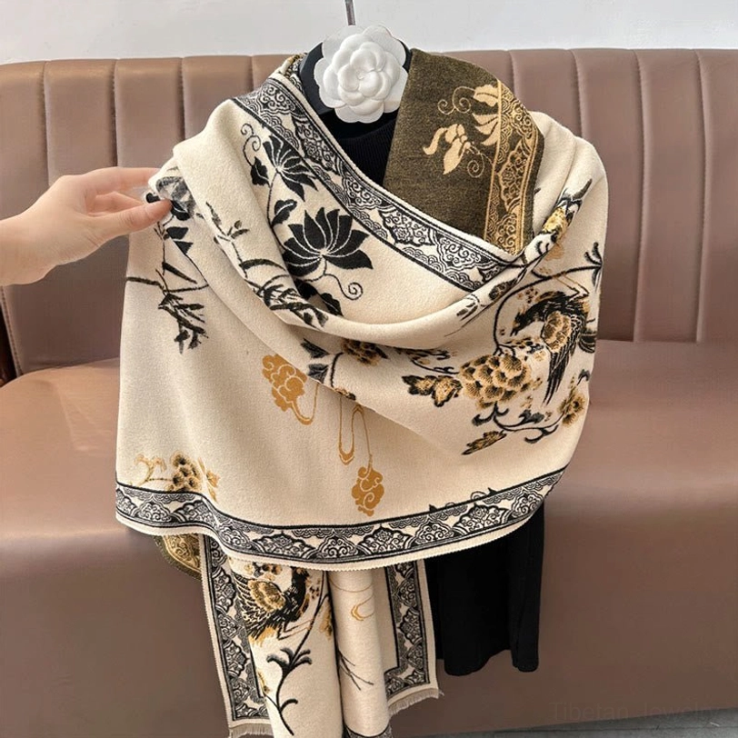 Tibetan scarf fringed hem and vintage-inspired border design close-up detail photography
