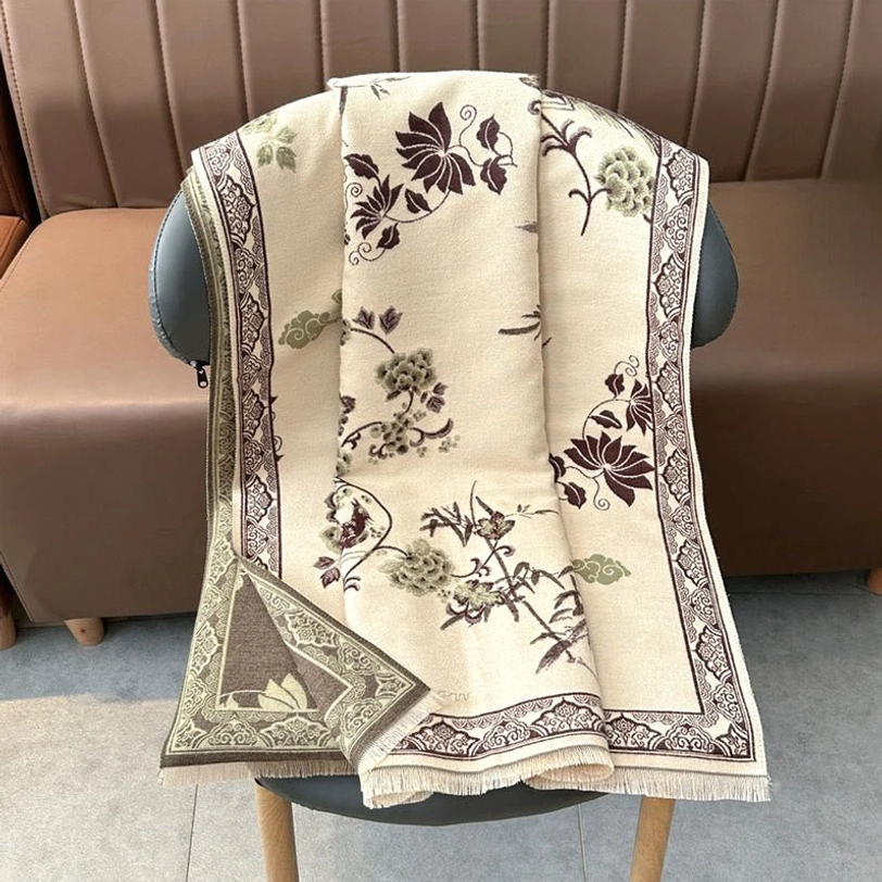 Tibetan scarf showing full bird and bamboo leaf jacquard print pattern overview