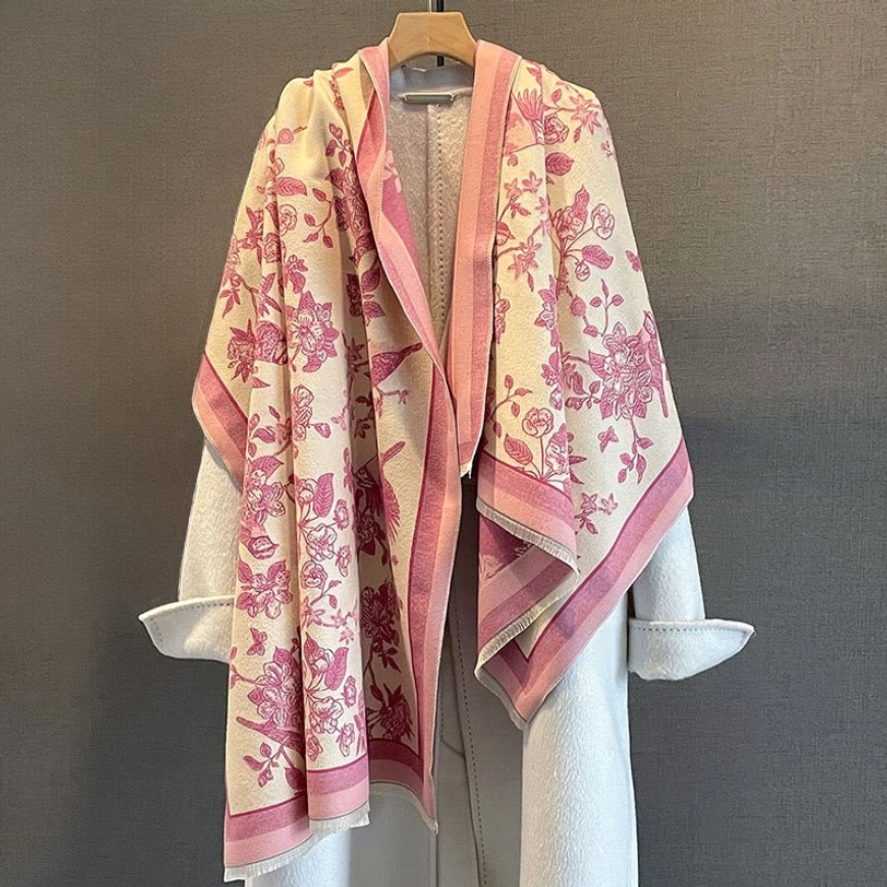 Tibetan floral bird scarf displayed showing full pattern and tassel embellishment styling