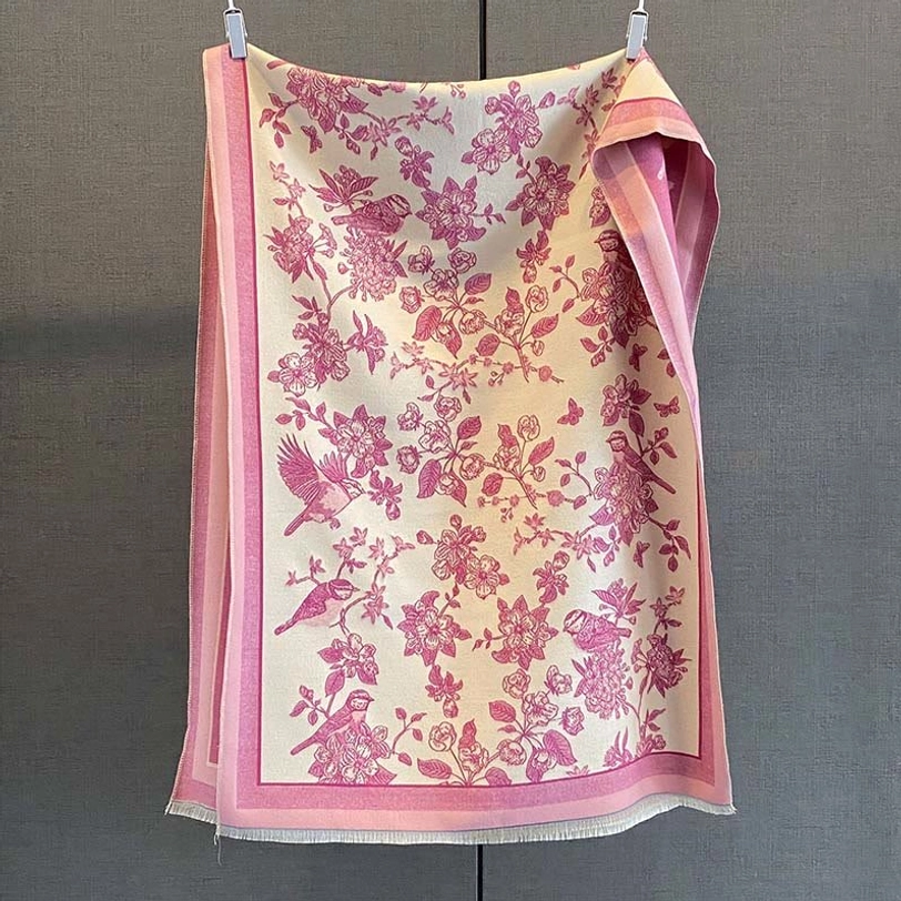 Light pink Tibetan scarf shawl with floral bird motif soft woven wrap with tassel accent