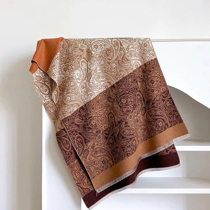 Peru-colored Tibetan paisley shawl flat lay view showing beige-brown tones with frayed hem and intricate vine pattern