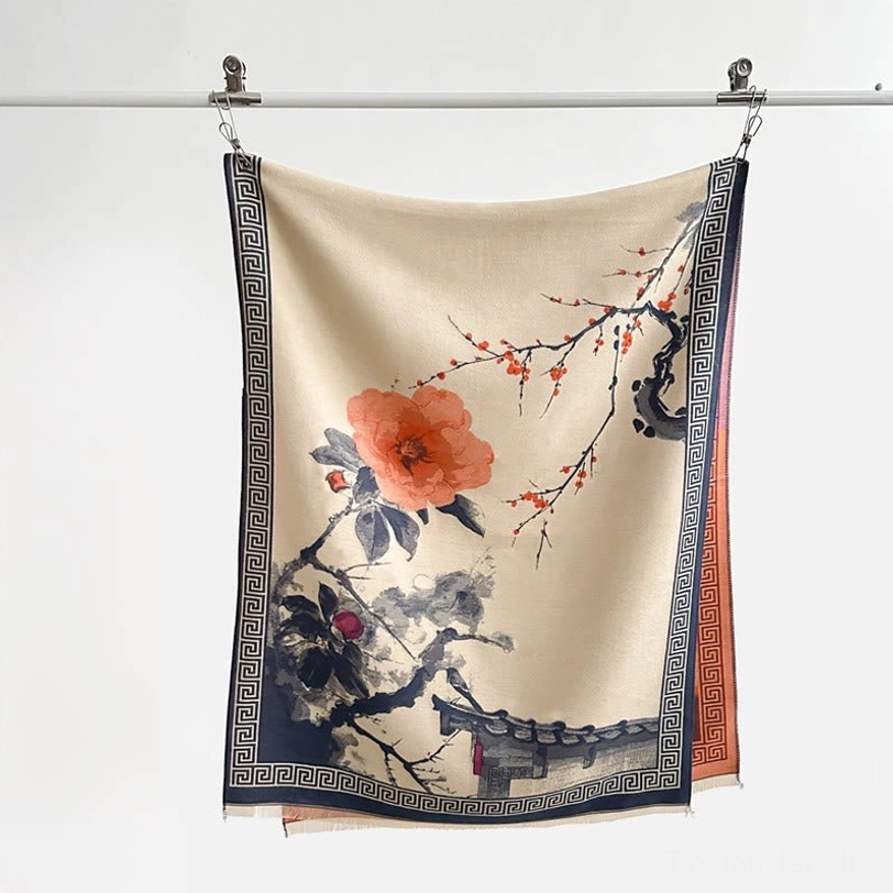 Close-up detail of Tibetan plum blossom scarf showing ink painting craftsmanship, traditional artistic technique and color variation