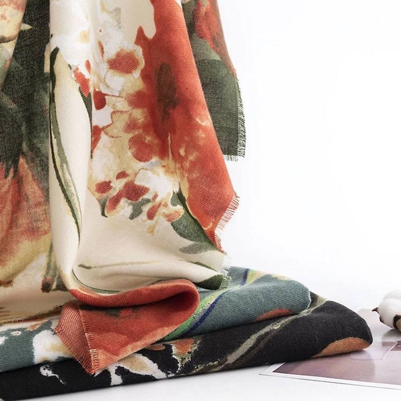 Tibetan retro floral printed scarf detail view showing soft polyester blend fabric and high-definition ink print quality