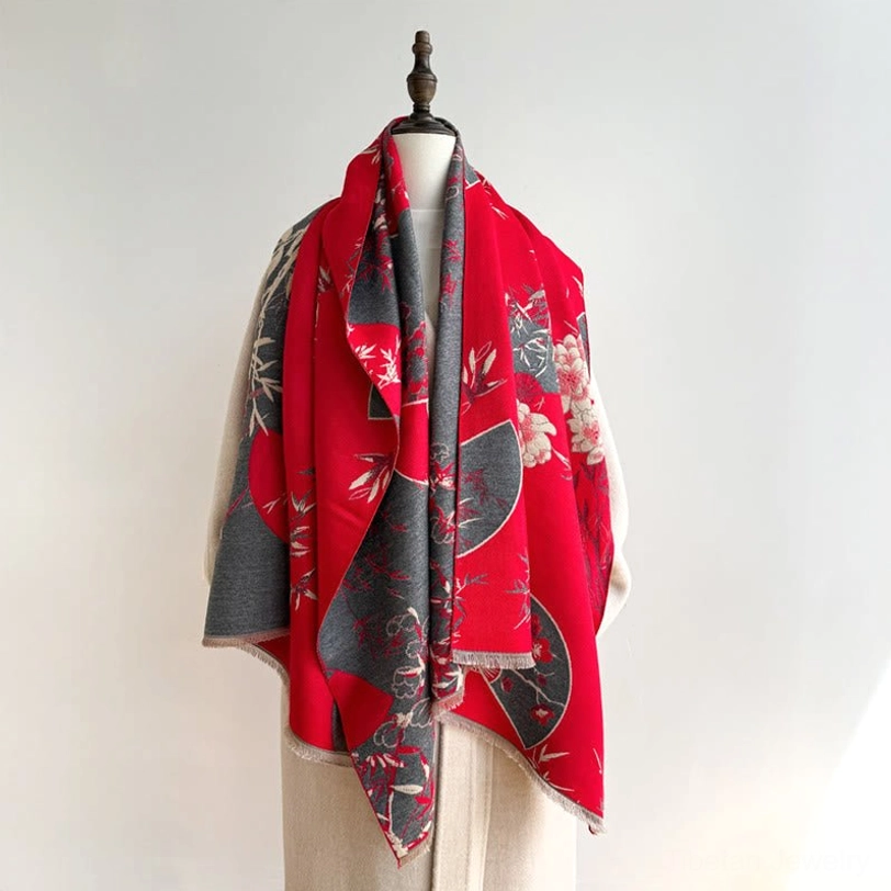 Tibetan red peony bamboo scarf draped elegantly on dress form in studio setting with soft fabric draping