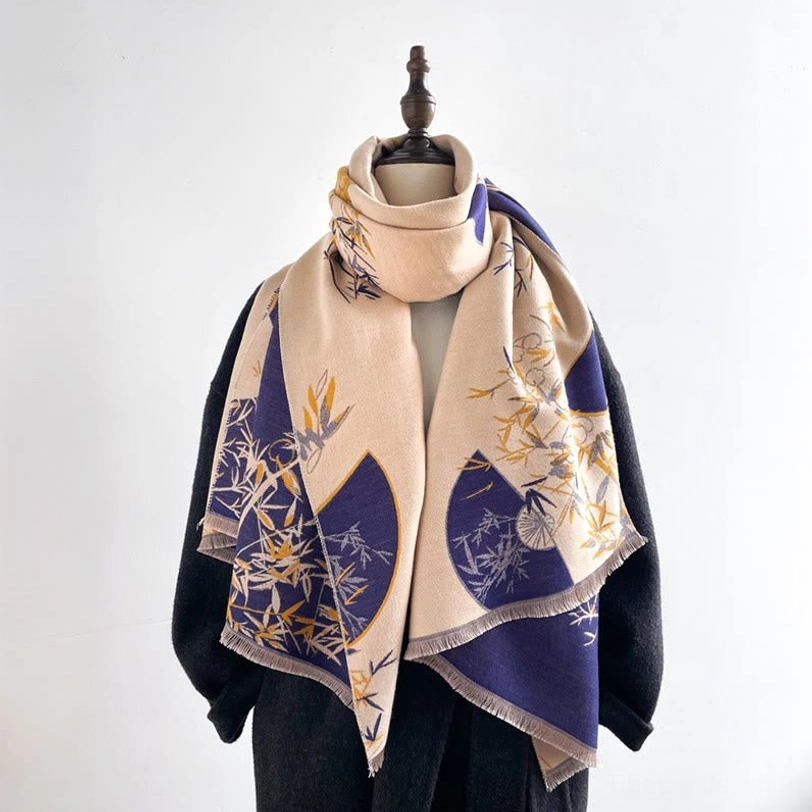 Tibetan peony bamboo scarf draped on dress form showing dual-sided reversible design with matching pattern set