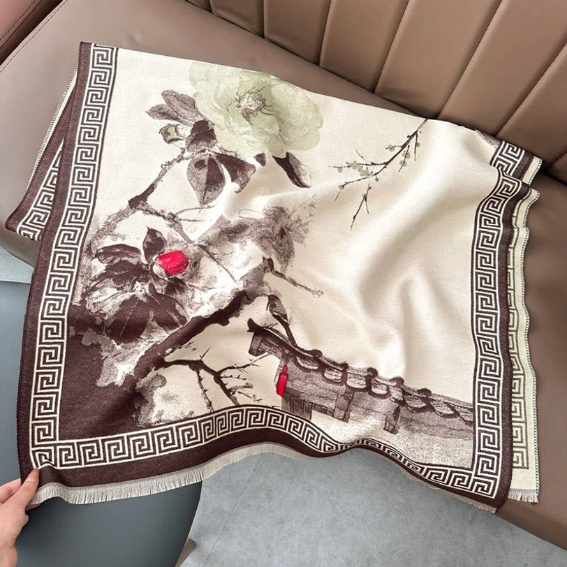Sienna Tibetan ink scarf in warm earthy tone, handwoven with brown border and classical plum blossom artistic design