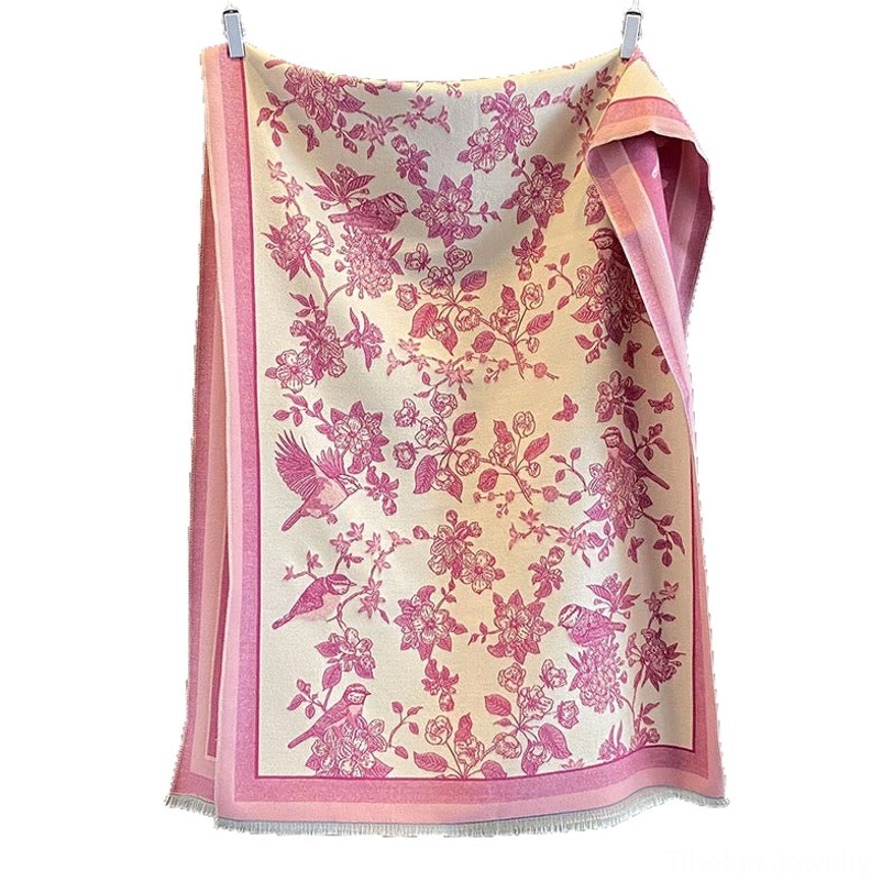Tibetan printed scarf shawl soft cozy woven fabric with bird and floral design elements