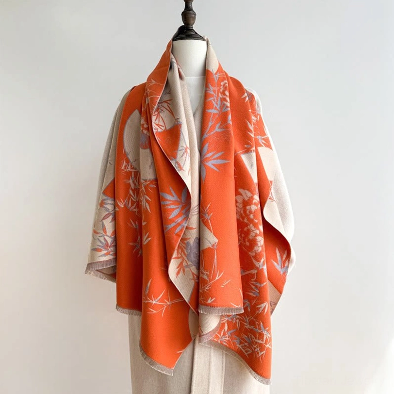 Tibetan handwoven bamboo peony scarf styling guide showing multiple wear options as neck wrap shoulder shawl