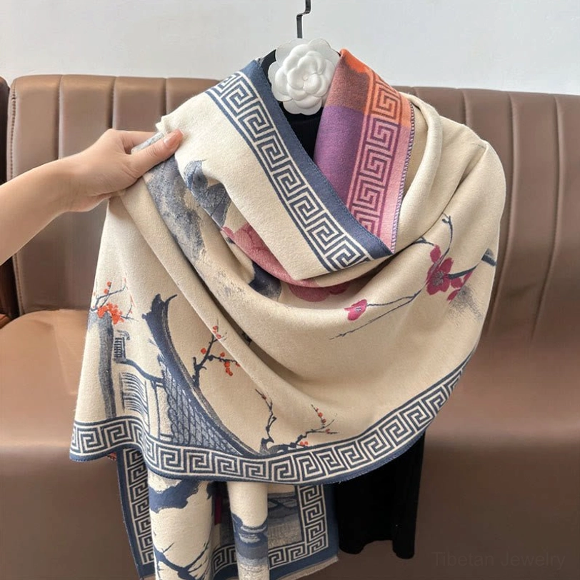 Tibetan handwoven scarf texture and weave detail, demonstrating premium acrylic-rayon blend and artisan craftsmanship