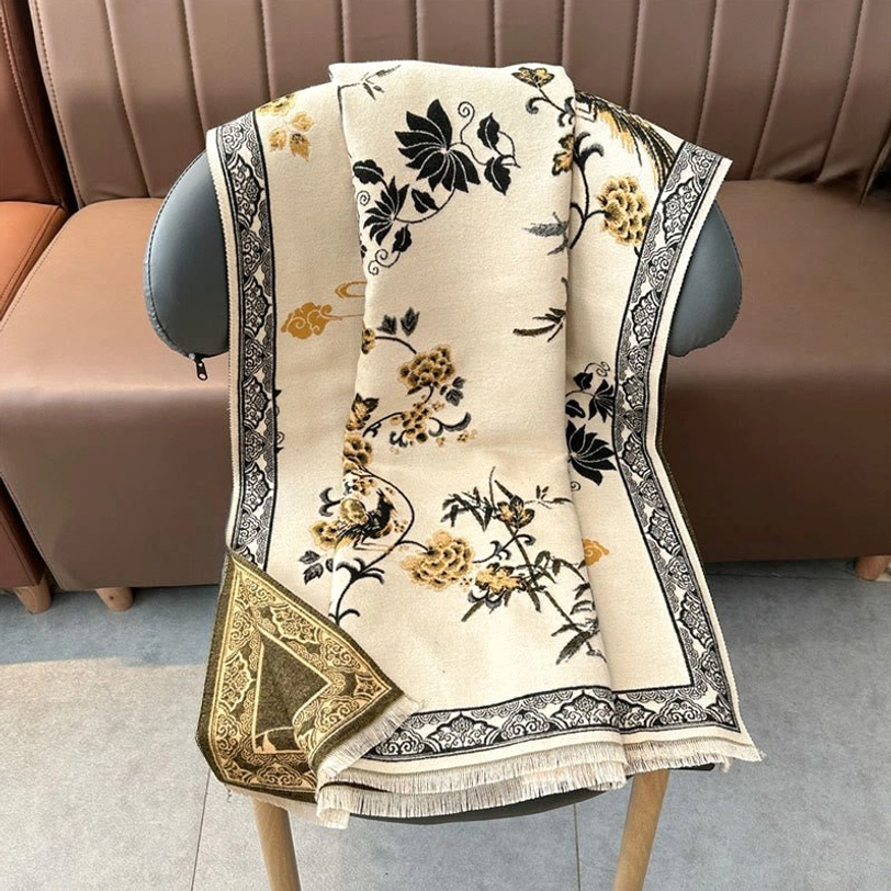 Tibetan bird and bamboo leaf scarf texture and weave detail with decorative border trim