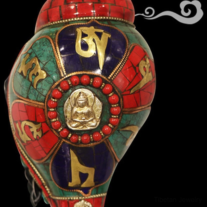 Handmade Tibetan Buddhist shankha conch with Buddha compassion symbol and protective turquoise stones