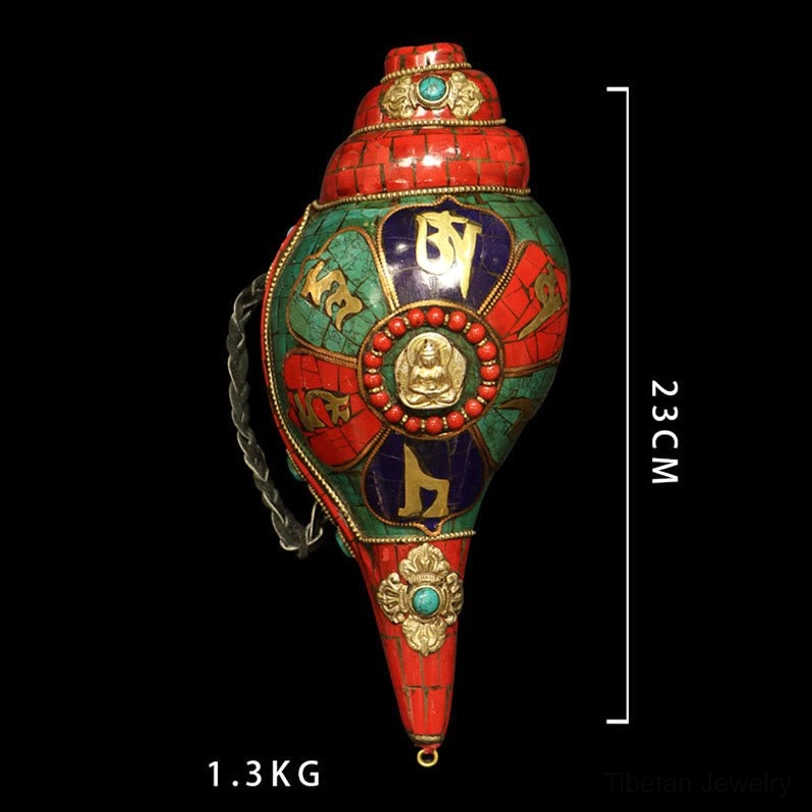 Complete Tibetan sacred shankha conch shell meditation piece with all three Buddhist symbols