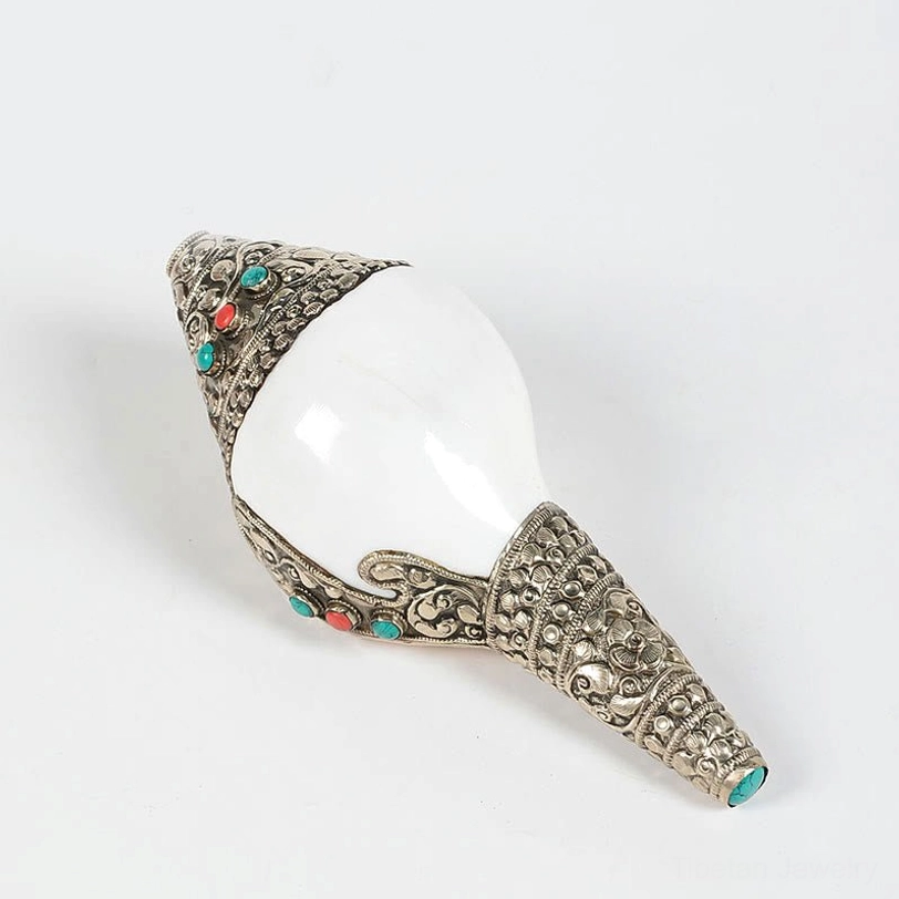 Extra large Tibetan shankha conch shell 24cm with rich silver carved ornament perfect for meditation space