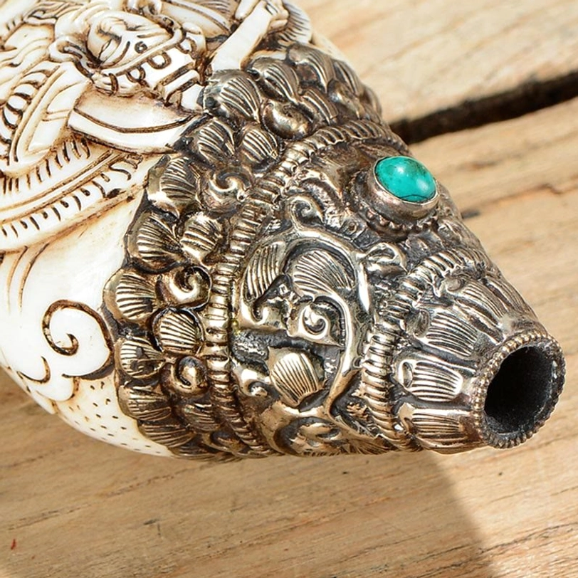 Tibetan conch mouth and head section with beast-head silver carving and turquoise inlay detail