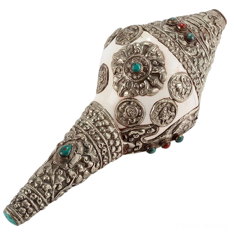 Sacred Tibetan shankha conch shell buddhist eight auspicious symbols with protective silver mount and inlay stones