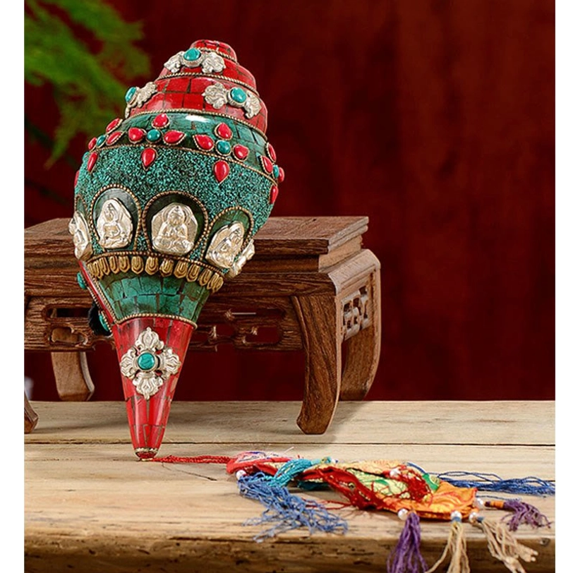 Tibetan Buddhist Shankha conch ornament with sacred geometry and turquoise healing stone