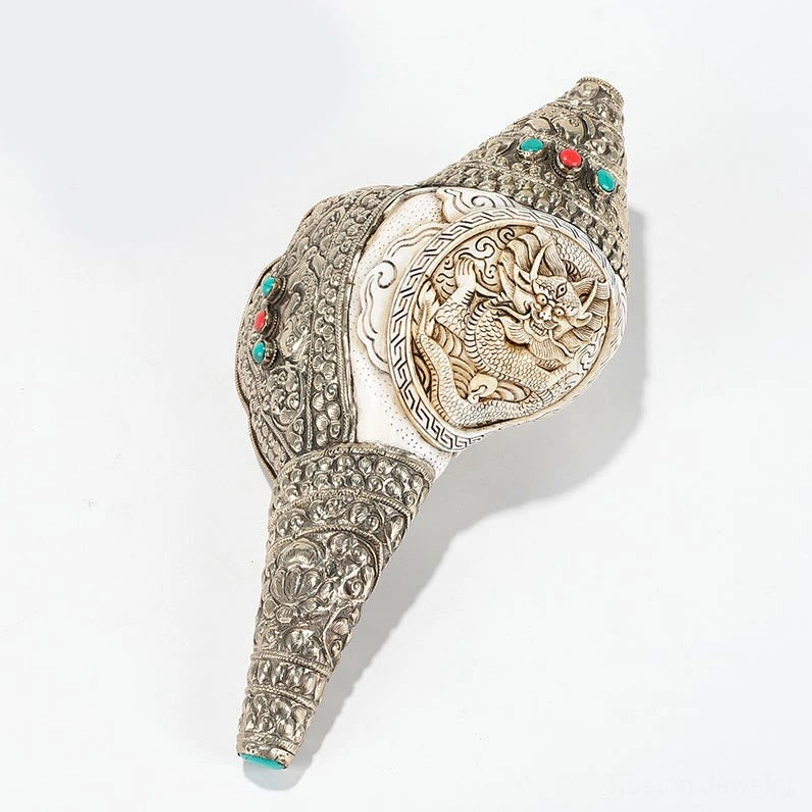 Carved dragon Tibetan shankha conch shell 26.5cm collector's piece with intricate silver ornamental craftsmanship