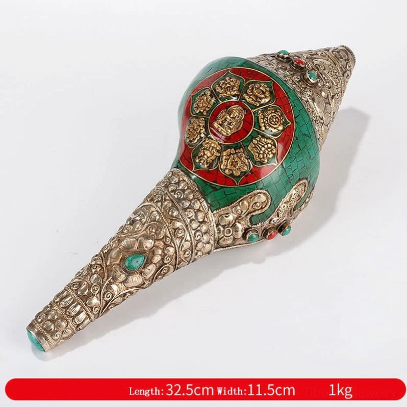 Tibetan Shankha conch Eight Auspicious Symbols Sakyamuni Buddha decoration with turquoise