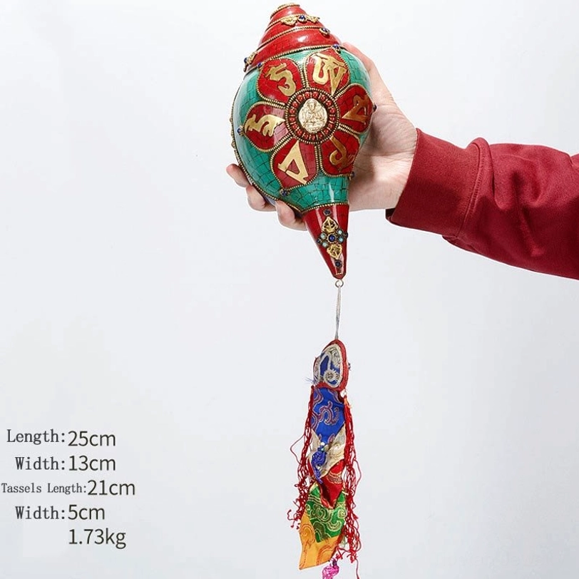 Tibetan Shankha conch Four-Armed Avalokitesvara infinite compassion symbol turquoise inlay