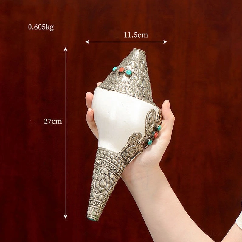 Large Tibetan shankha conch shell 27cm height with intricate dragon-inspired silver carved mounts