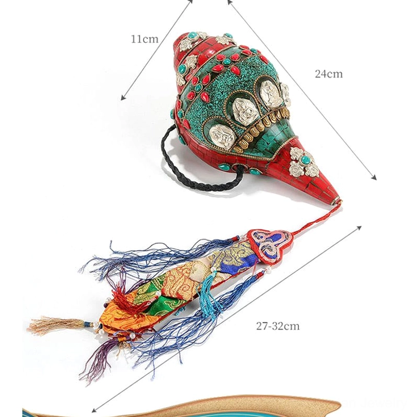 Tibetan Shankha conch Buddha art with lotus flower symbolism and turquoise stone inlay