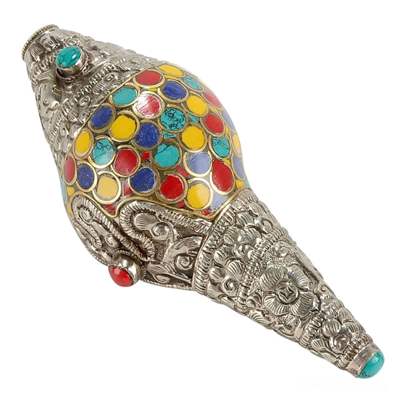 Handmade Tibetan shankha conch shell with copper metalwork and semi-precious stone inlays
