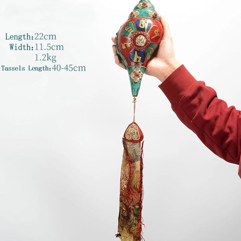 Tibetan handcrafted Shankha conch Om Mani Padme Hum mantra decoration with turquoise stone