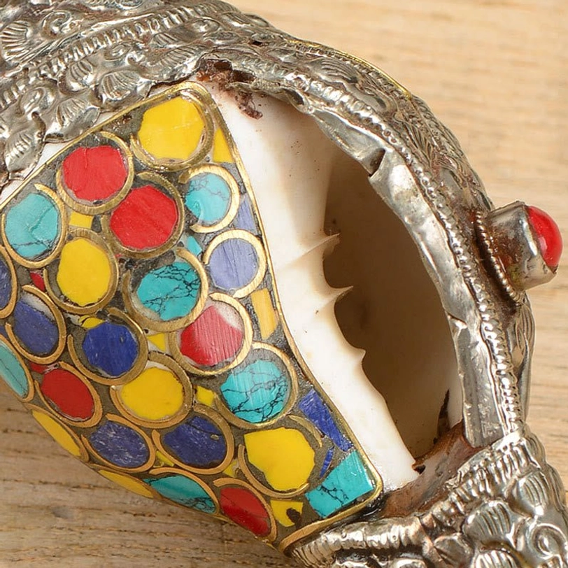 Tibetan handcrafted shankha conch shell decoration with wealth and prosperity symbolism