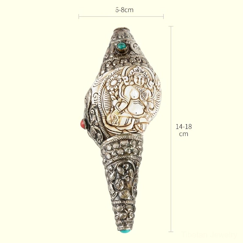 Tibetan Shankha conch shell collection showing multiple Buddhist deity variations and craftsmanship details
