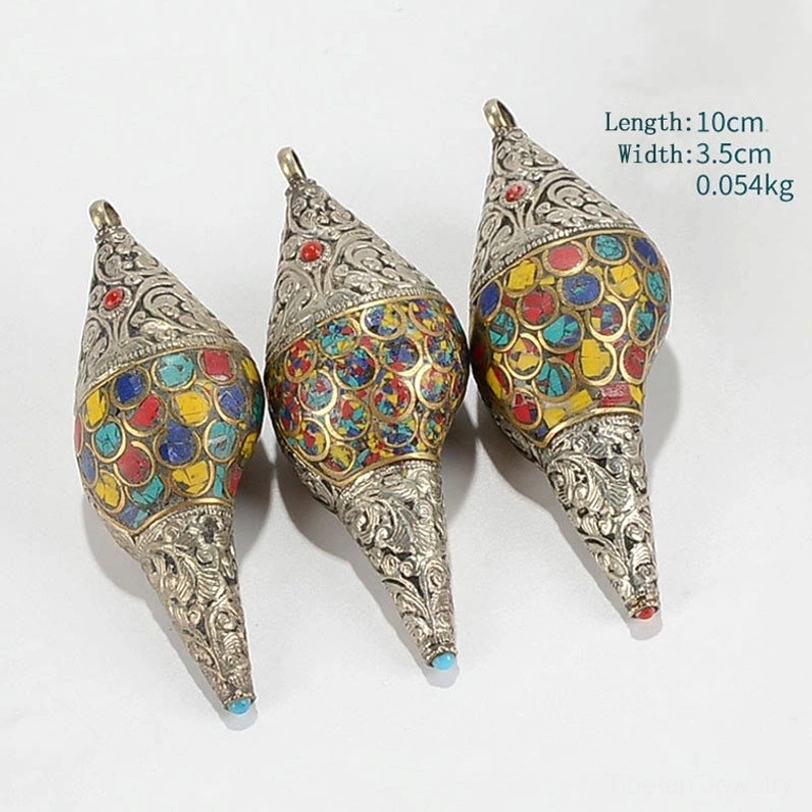 Set of three Tibetan shankha conch shells with size specifications showing 10cm and different gemstone patterns