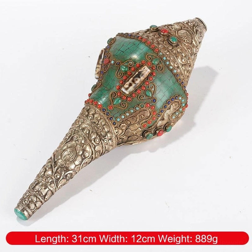 Tibetan shankha conch shell side profile view with silver filigree, gem accents, and size specification label on white background