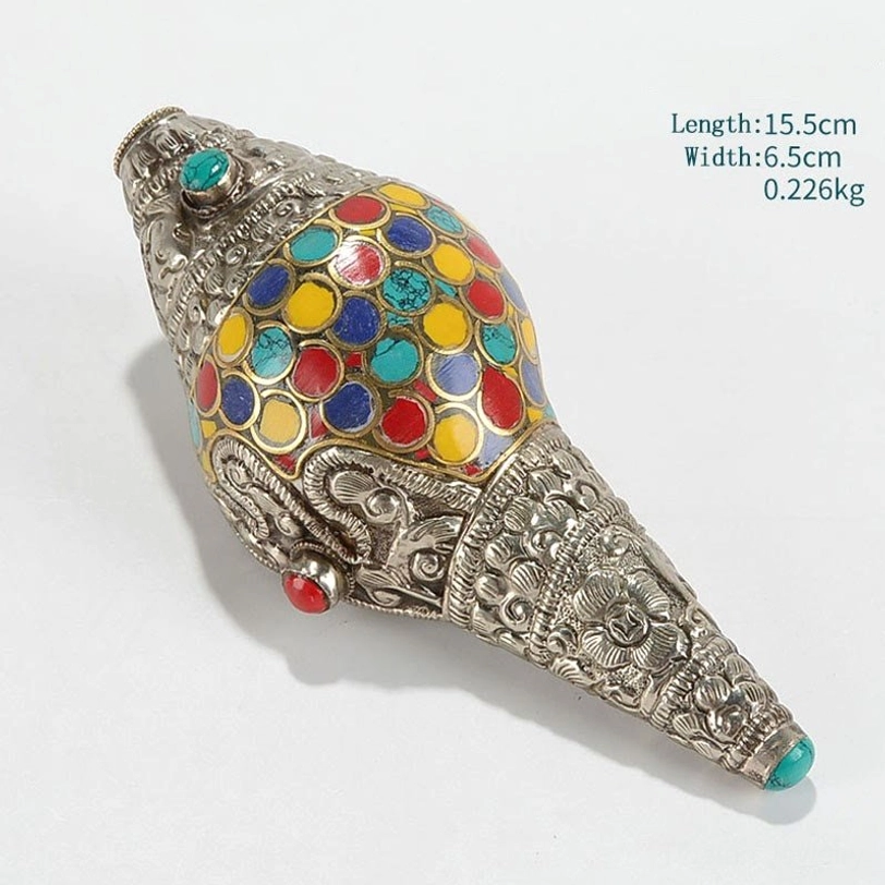 Three Tibetan shankha conch shells in matching designs with silver carved patterns and colorful circular inlays