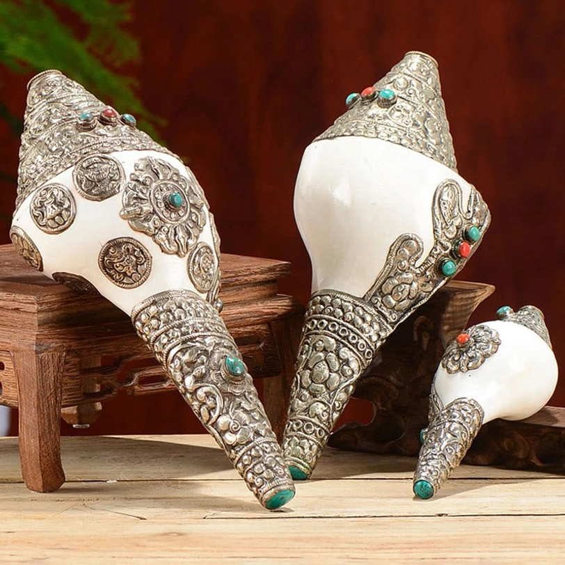 Tibetan shankha conch shell with carved silver dragon mounts and turquoise inlay on wooden display stand
