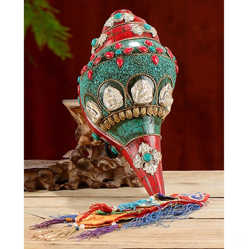 Tibetan handcrafted Shankha conch shell with colored tassel and turquoise gemstone decoration