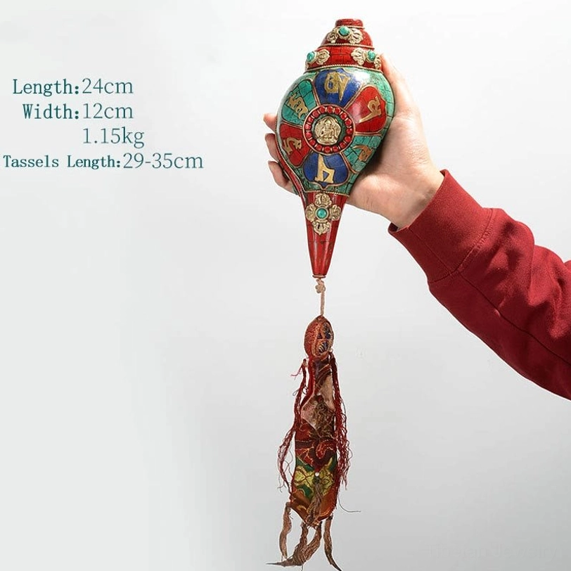 Tibetan Shankha conch shell with Vairocana Buddha cosmic representation and turquoise inlay
