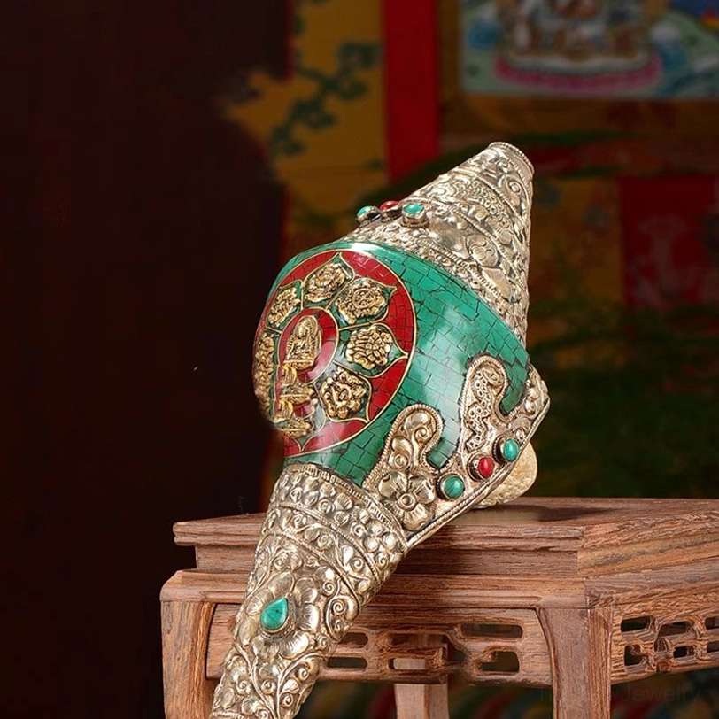 Tibetan shankha conch shell vase style ornament with eight auspicious symbols and turquoise inlay, decorative altar piece for spiritual space
