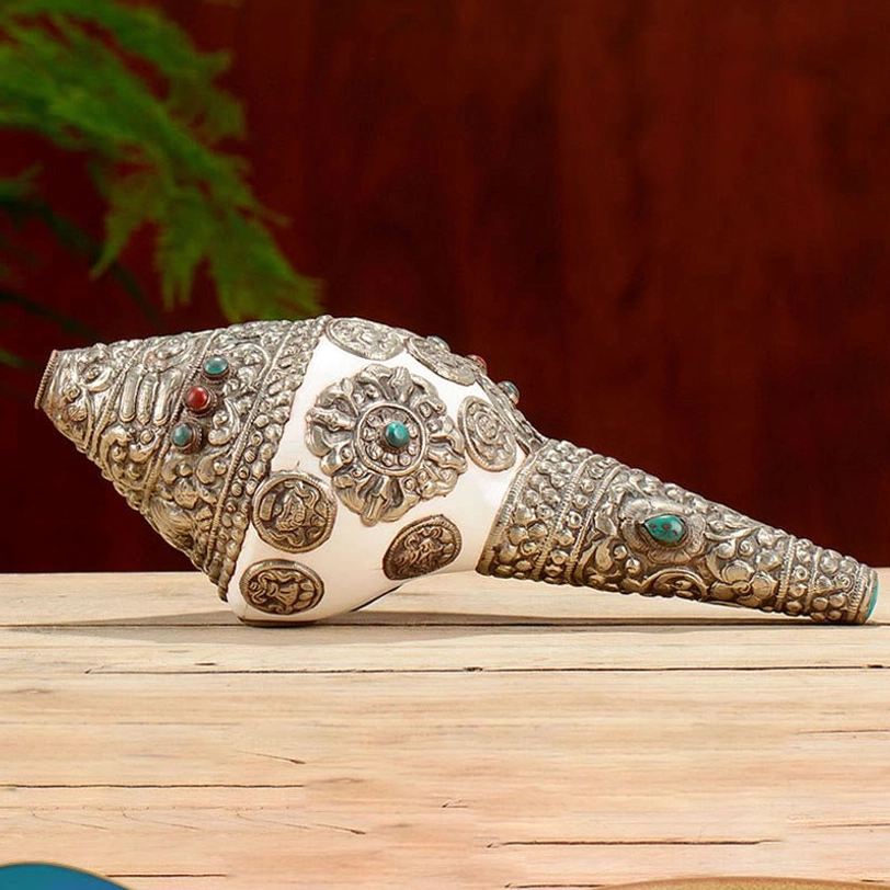 Tibetan shankha conch shell wealth attraction altar decoration with natural marine shell and artisanal craftsmanship