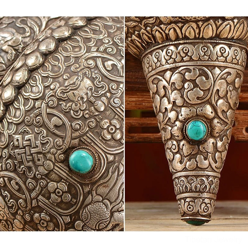 Split dual close-up views of tibetan shankha conch showing floral pattern engravings and tapered spiral tip with gemstone settings