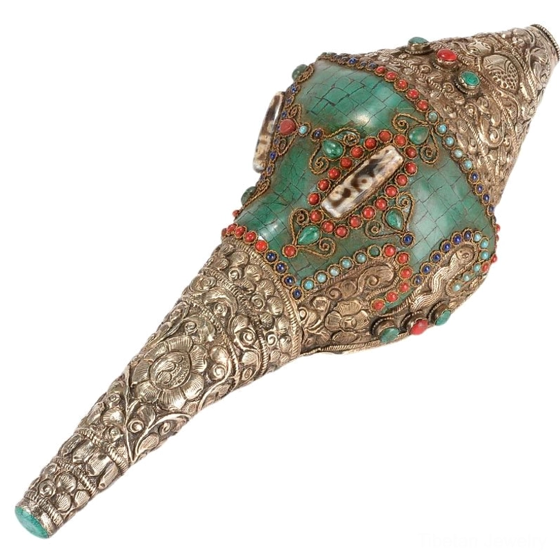 Tibetan handcrafted shankha conch shell double dorje variant showing complete front elevation with intricate turquoise and copper inlays