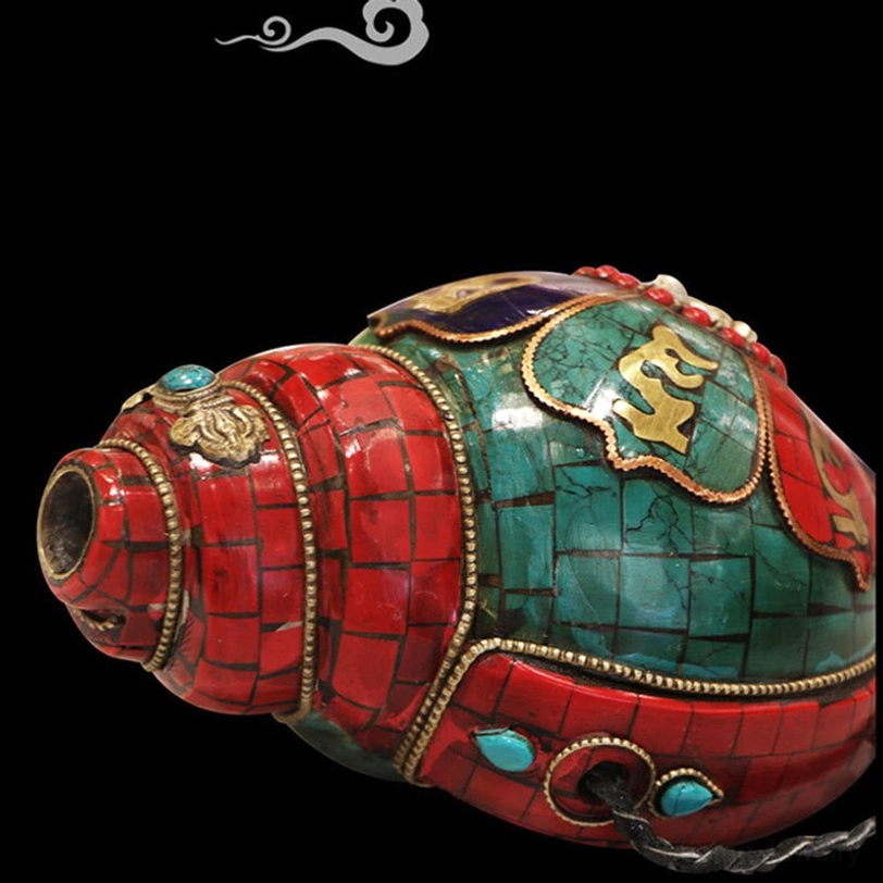 Tibetan Buddhist conch shell decoration with red-turquoise mosaic and metal ornamental accents