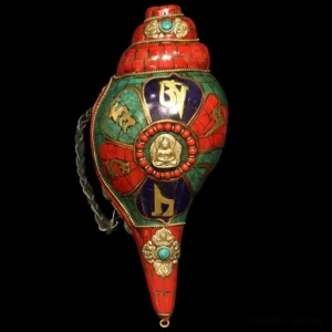 Handmade Tibetan shankha blessing decoration front upright view with metal loop and sacred mantras