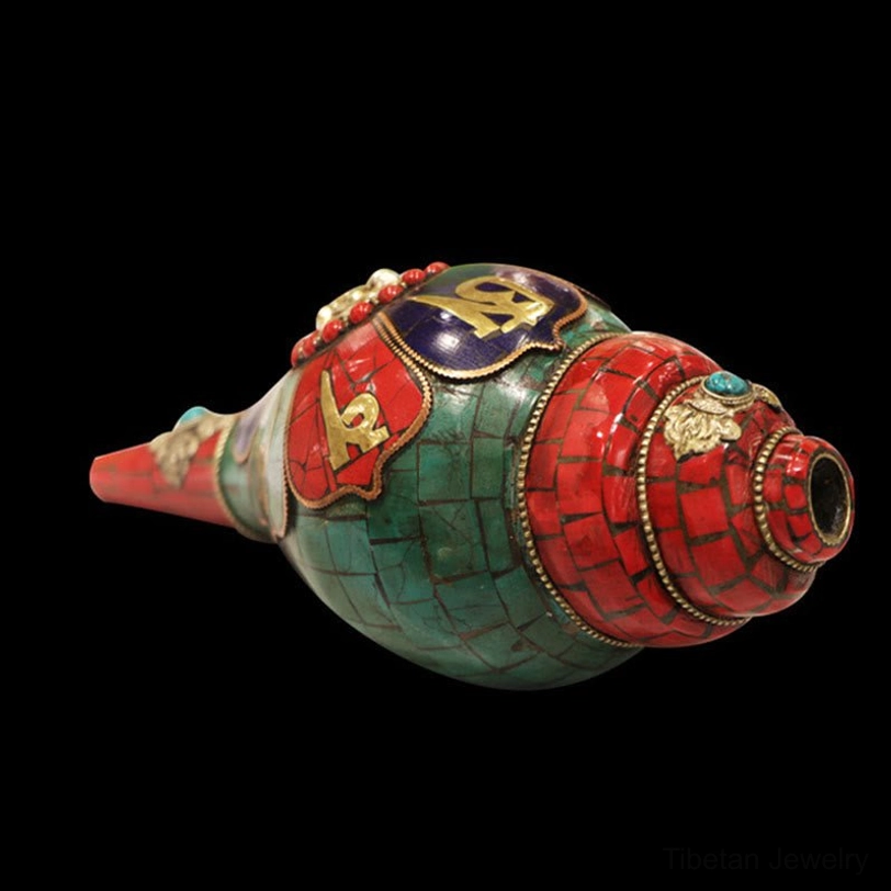 Tibetan handmade shankha blessing piece with authentic bronze patina and sacred geometry design