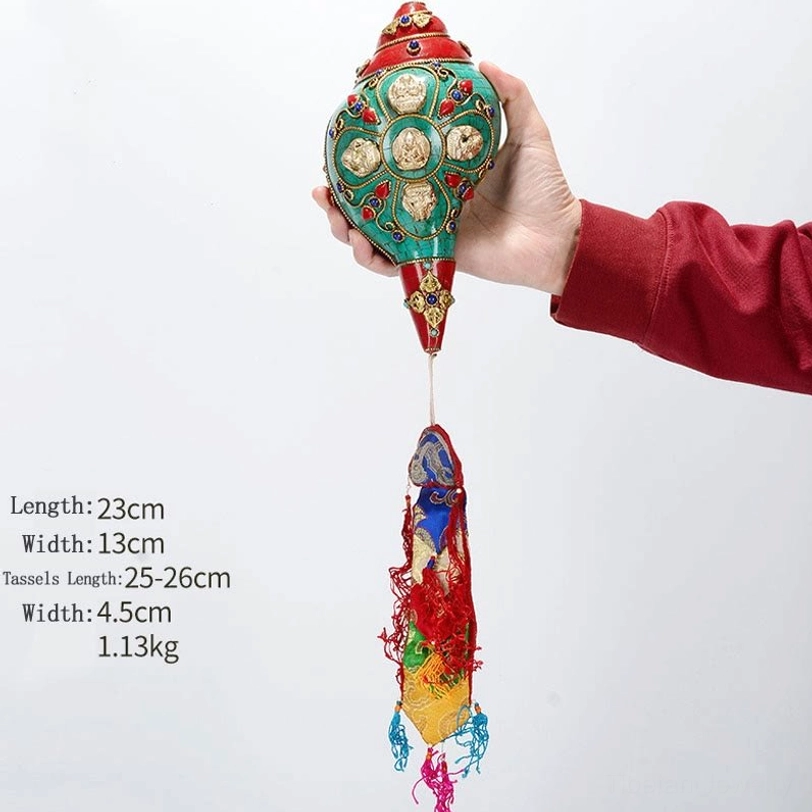 Tibetan Lotus-Buddha Shankha conch shell spiritual rebirth symbol with turquoise gemstone
