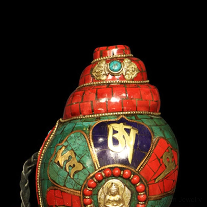 Tibetan sacred shankha Om Mani Padme Hum conch shell blessing spiritual decoration detail
