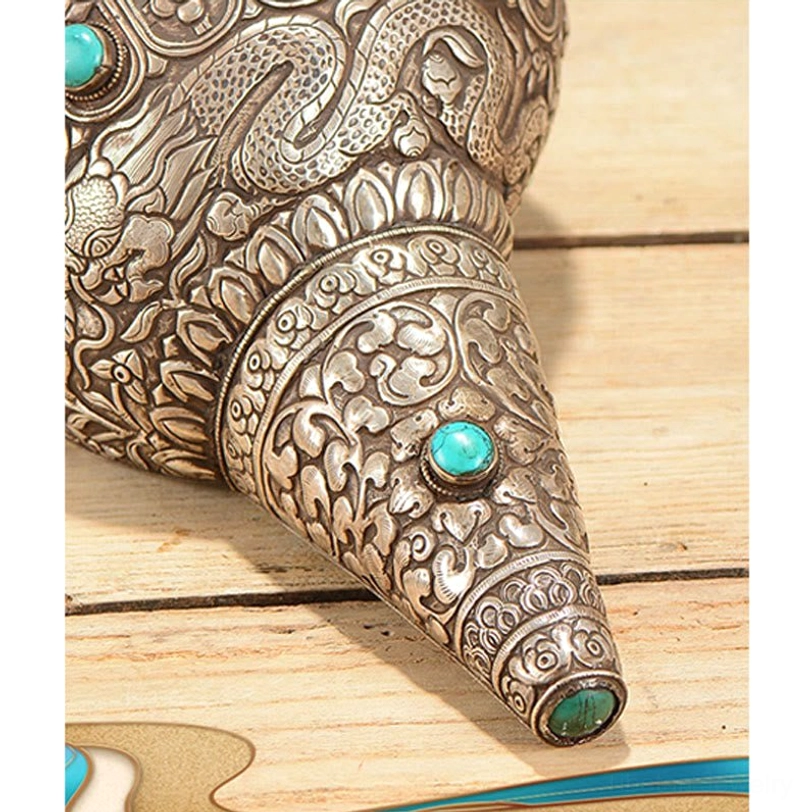 Tibetan sacred shankha conch shell spiritual home decoration with eight auspicious symbols, complete product view