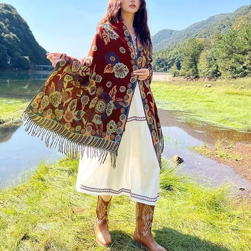 Aqua Tibetan cashmere botanical shawl with nature-inspired design