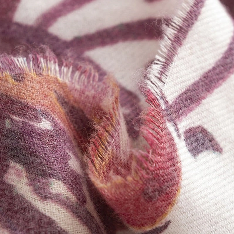 Tibetan floral print shawl detail shot revealing artisanal watercolor design and print precision